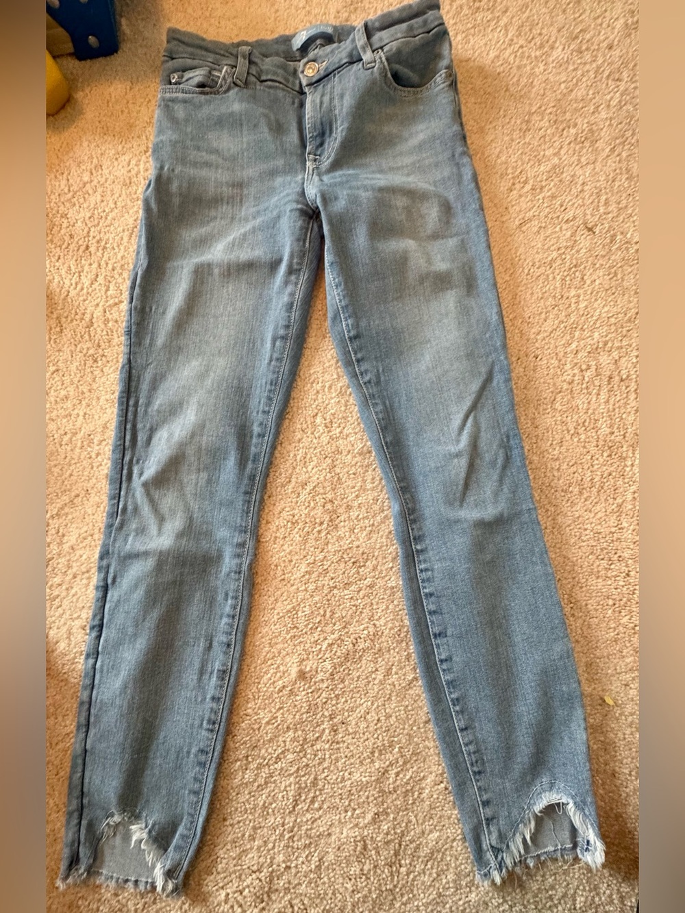 7 For All Mankind Light Blue Skinny Jeans with Frayed Hem